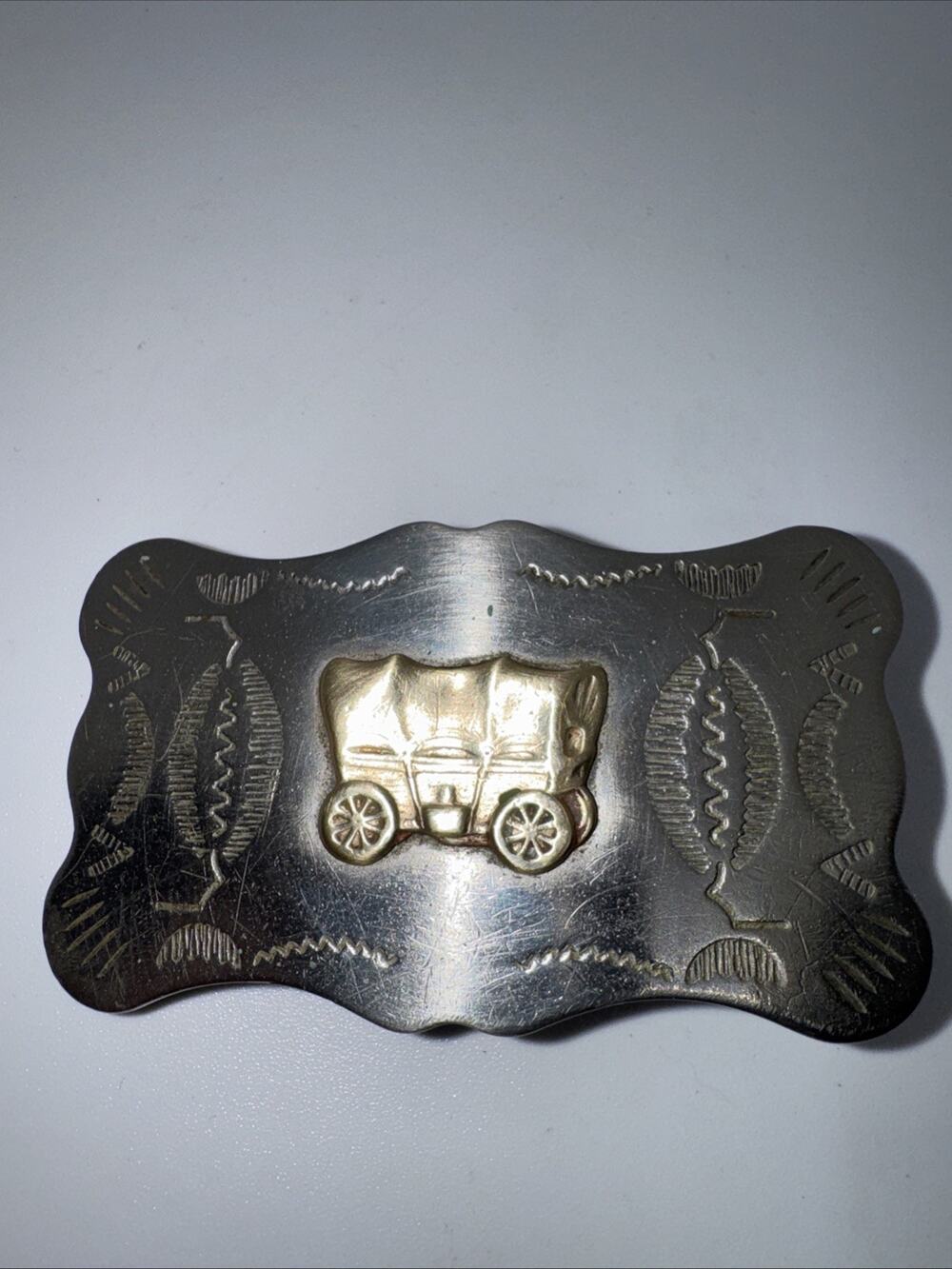 Vintage NICKEL SILVER Western Wagon Rodeo Belt Buckle - USED